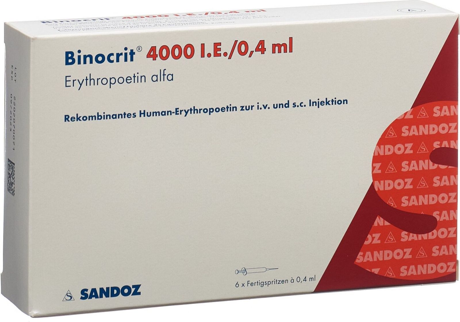 Binocrit 4000 IE 0,4 ml 6 Injektionslösung in Fertigspritzen Epoetin Alfa Sandoz