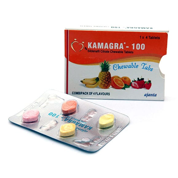 Kamagra 100 Kautabletten, vier Geschmacksrichtungen, Sildenafil Citrat, 1 x 4 Tabletten, EU-Apotheke